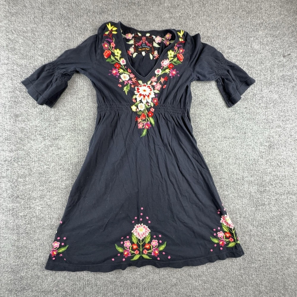 JW Los Angeles Dress Womens Medium Black Embroidered Floral Bell Sleeve Boho